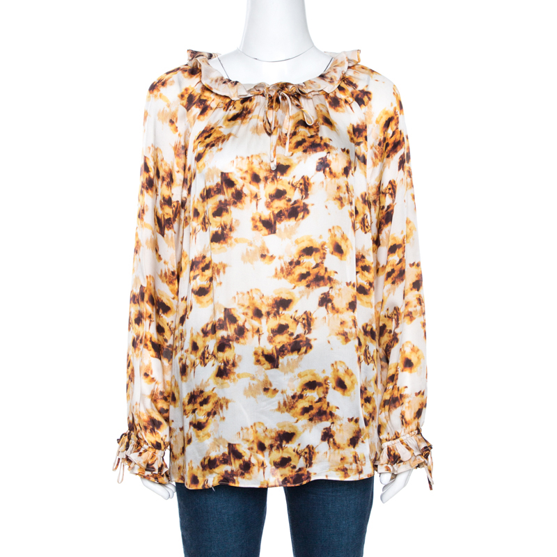 CH Carolina Herrera White & Brown Printed Silk Ruffled Blouse L CH Carolina Herrera White & Brown Printed Silk Ruffled Blouse L