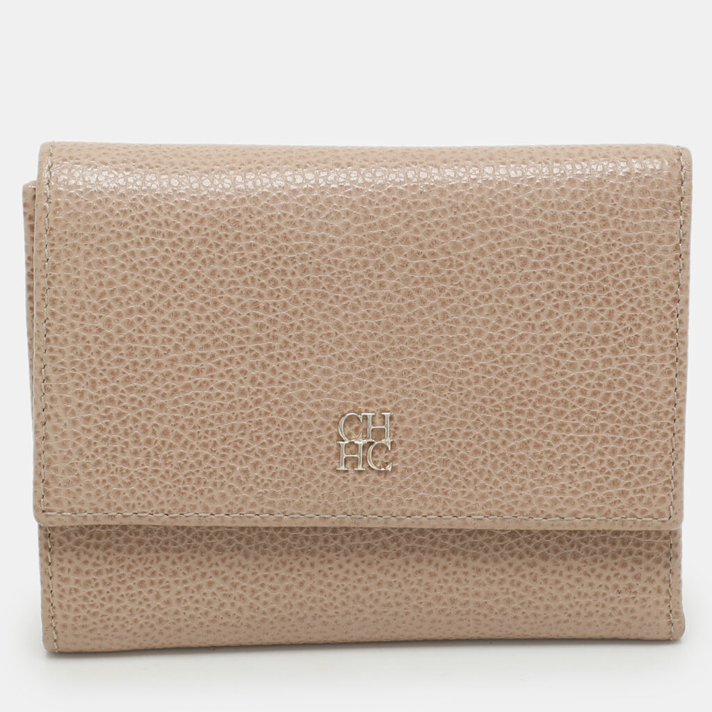 CH Carolina Herrera Beige Leather Trifold Wallet
