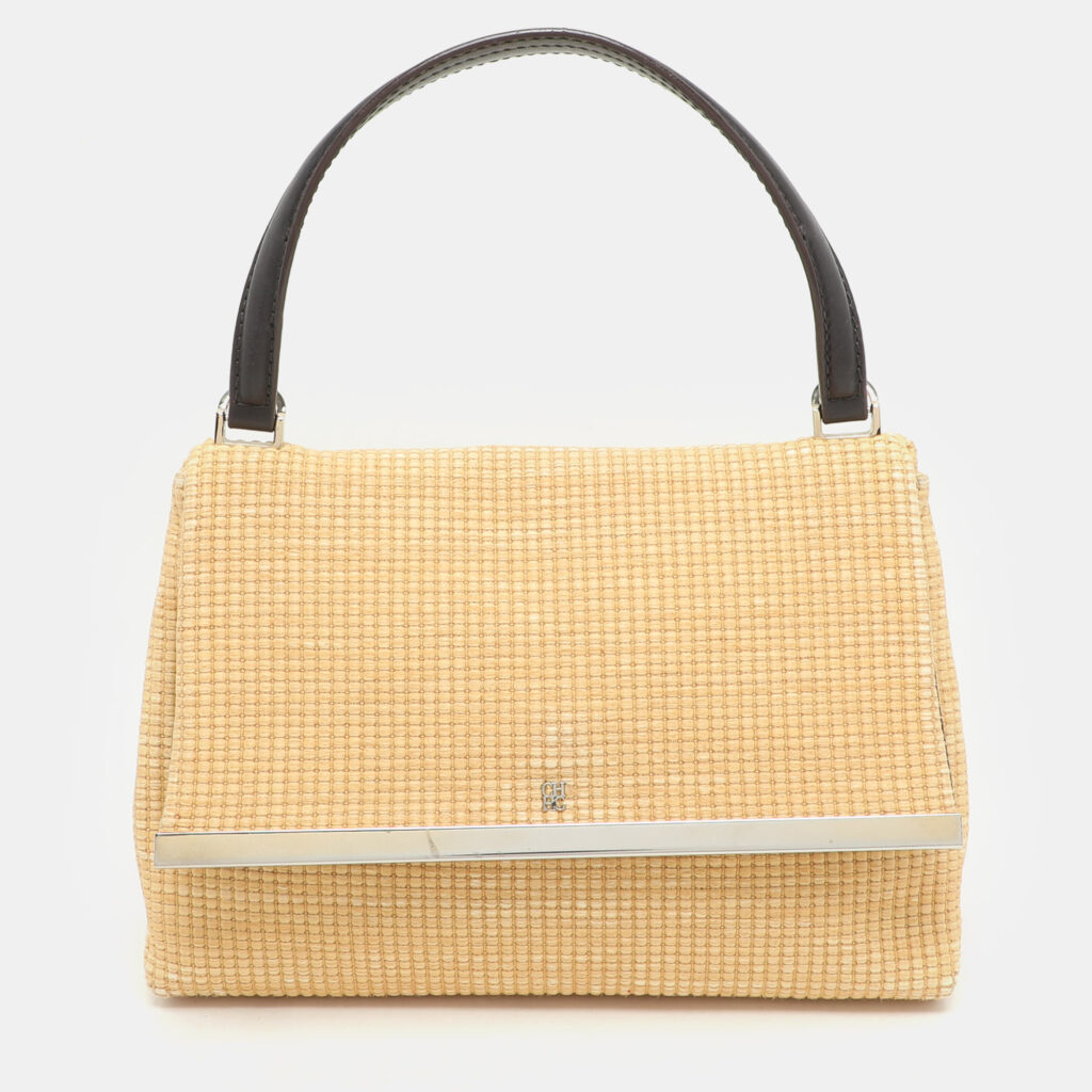 CH Carolina Herrera Beige Woven Straw Camelot Top Handle Bag