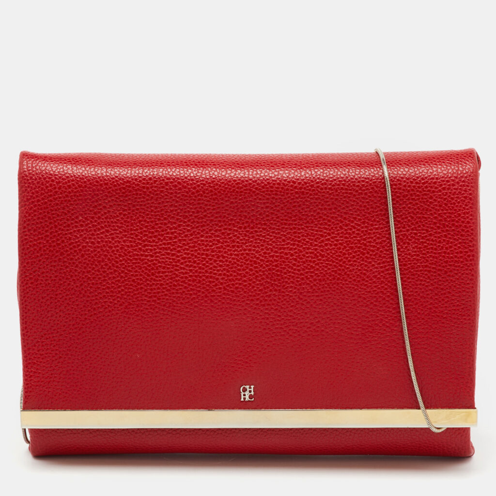 CH Carolina Herrera Red Leather Flap Chain Shoulder Bag CH Carolina Herrera Red Leather Flap Chain Shoulder Bag
