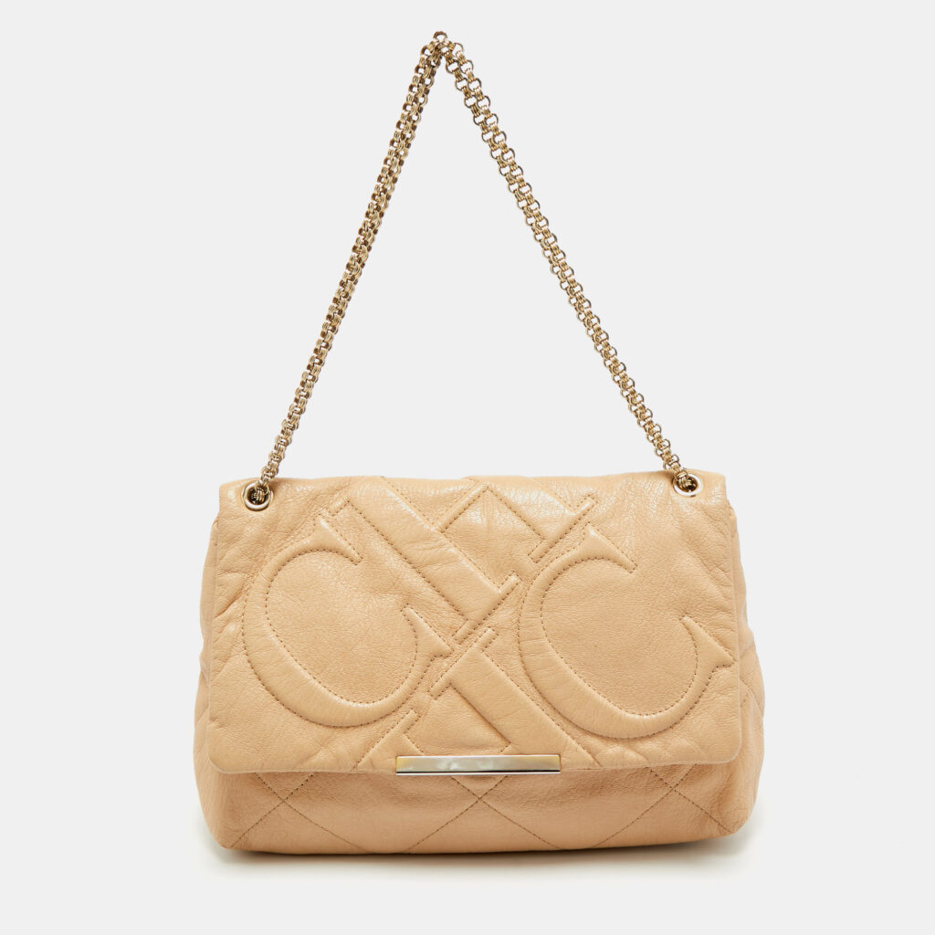 CH Carolina Herrera Beige Quilted Leather Flap Chain Shoulder Bag CH Carolina Herrera Beige Quilted Leather Flap Chain Shoulder Bag