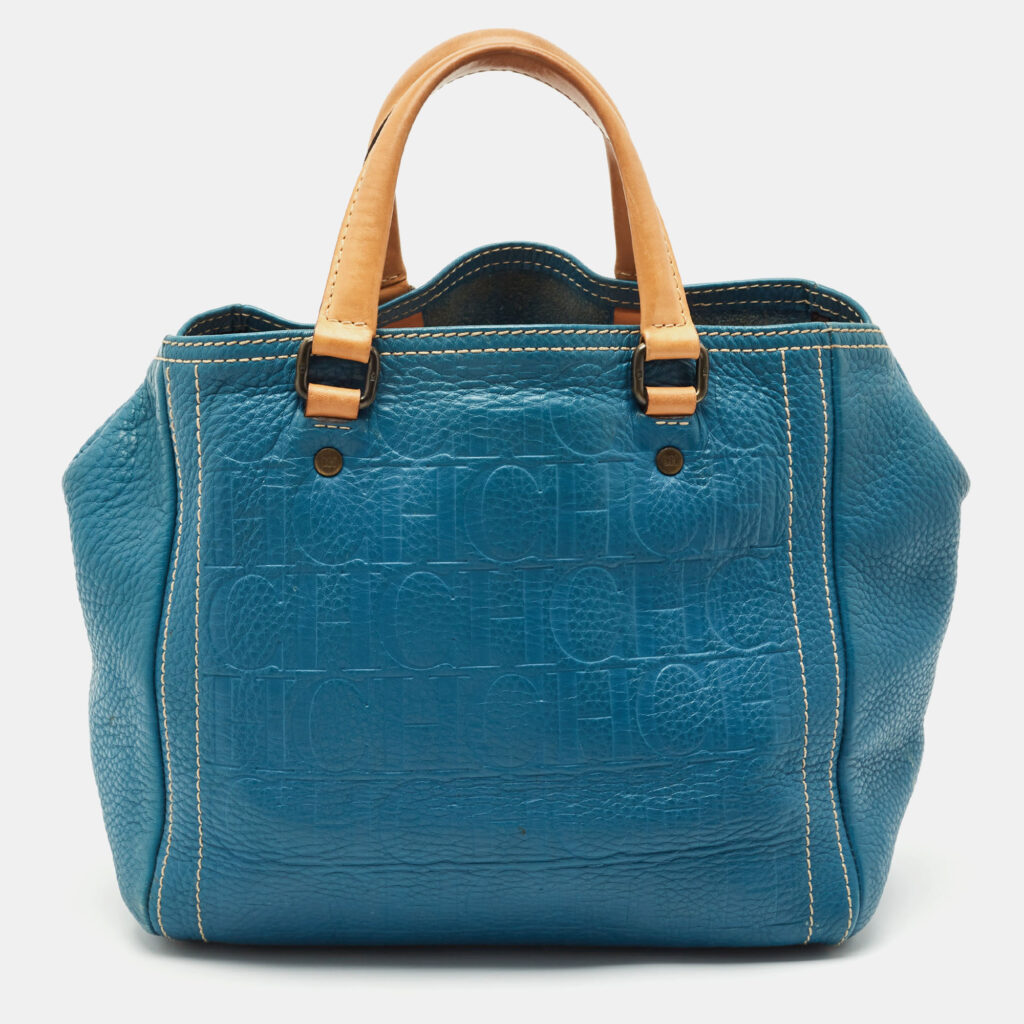 CH Carolina Herrera Blue/Beige Monogram Embossed Leather Andy Tote CH Carolina Herrera Blue/Beige Monogram Embossed Leather Andy Tote