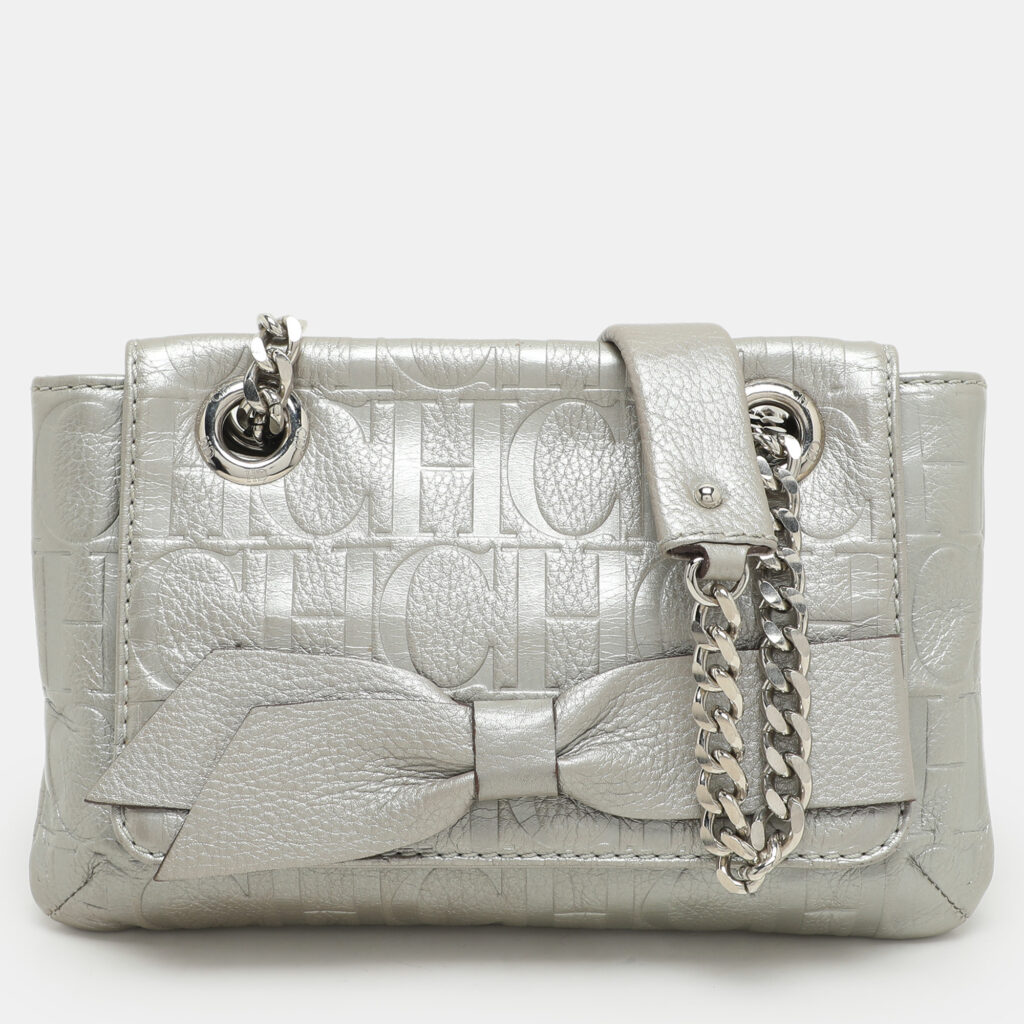 CH Carolina Herrera Silver Monogram Embossed Leather Audrey Shoulder Bag CH Carolina Herrera Silver Monogram Embossed Leather Audrey Shoulder Bag