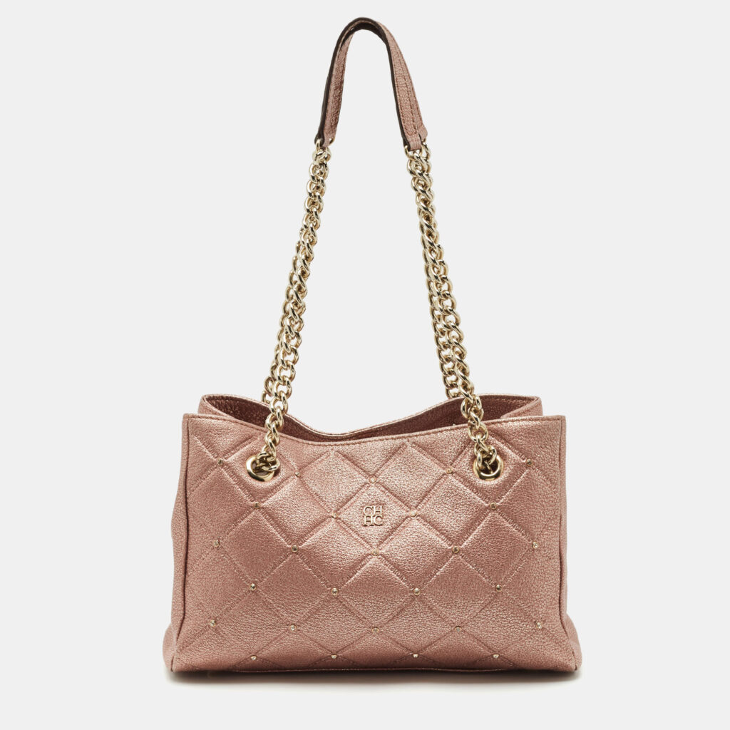 CH Carolina Herrera Metallic Pink Leather Crystal Chain Tote CH Carolina Herrera Metallic Pink Leather Crystal Chain Tote