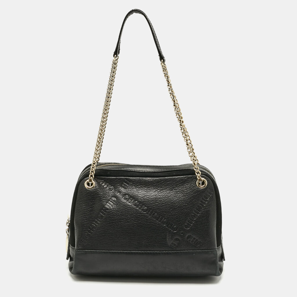 CH Carolina Herrera Black Leather and Suede Embossed Logo Shoulder Bag