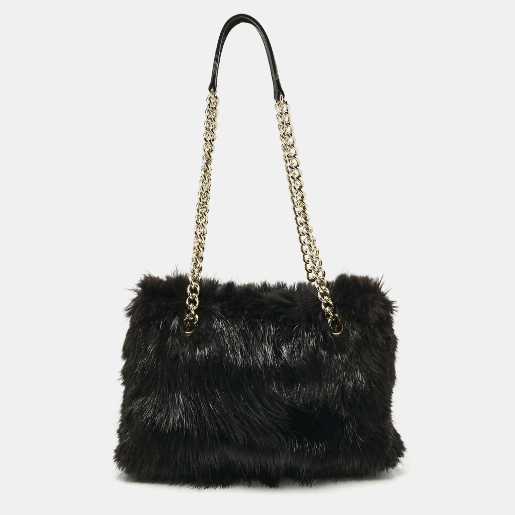 CH Carolina Herrera Black Fox Fur and Leather Chain Tote CH Carolina Herrera Black Fox Fur and Leather Chain Tote