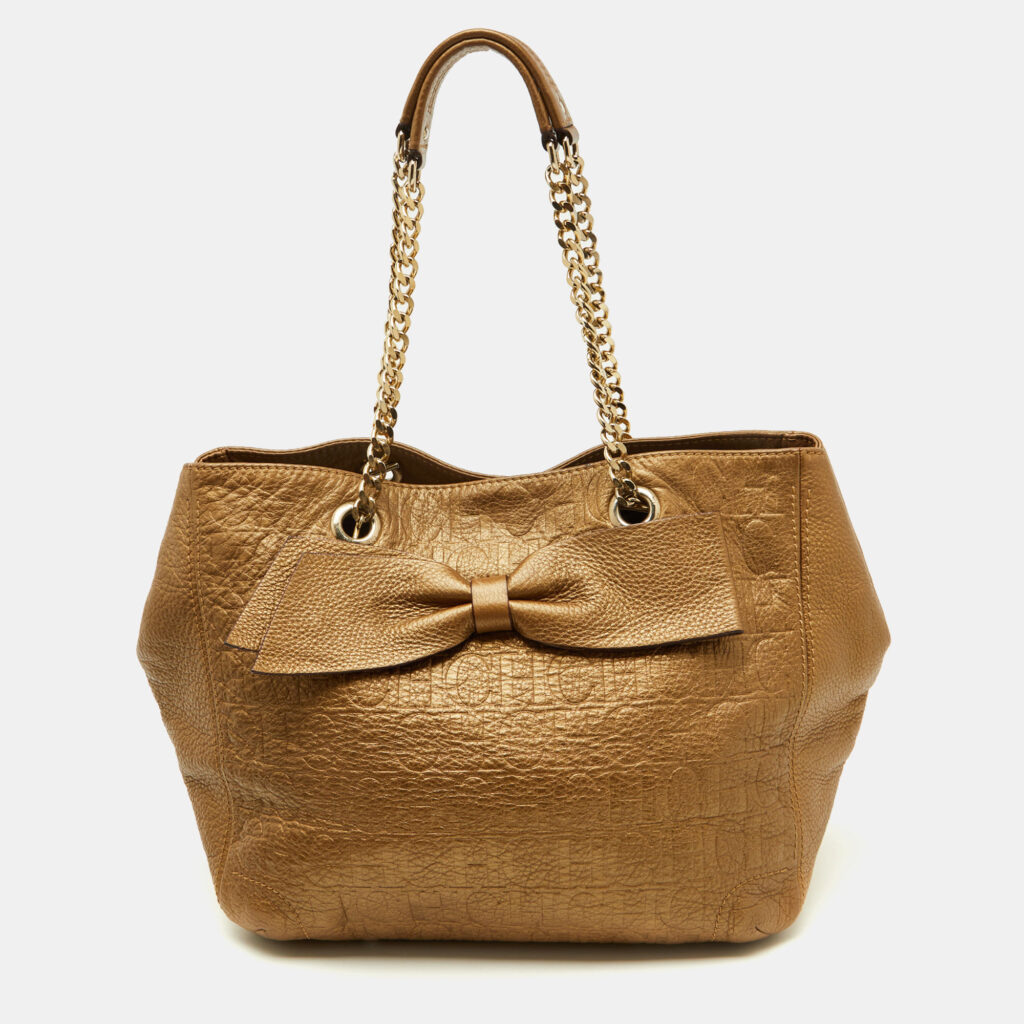 CH Carolina Herrera Metallic Gold Monogram Leather Audrey Tote CH Carolina Herrera Metallic Gold Monogram Leather Audrey Tote