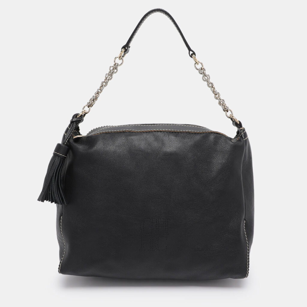 CH Carolina Herrera Black Leather Tassel Shoulder Bag