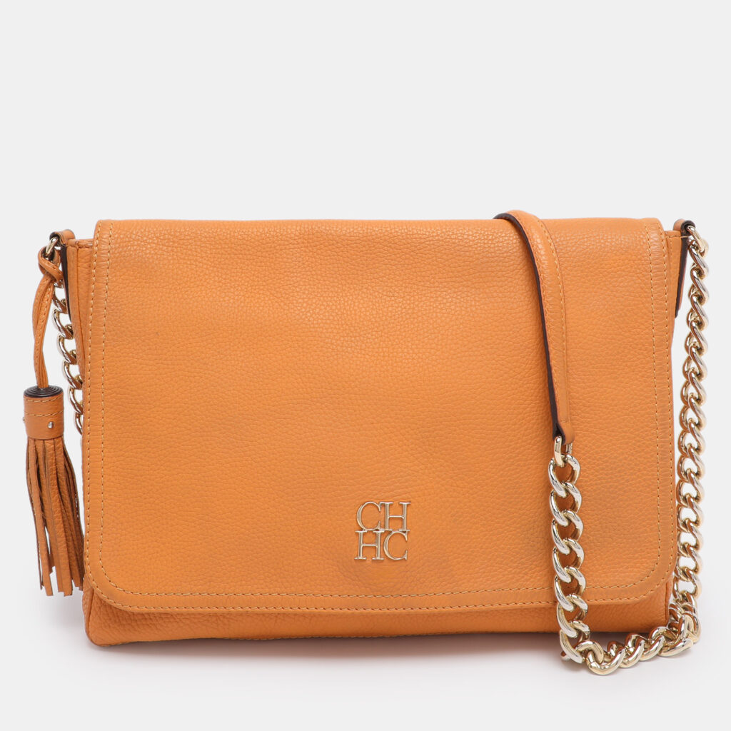 CH Carolina Herrera Mustard Leather Tassel Flap Chain Shoulder Bag CH Carolina Herrera Mustard Leather Tassel Flap Chain Shoulder Bag