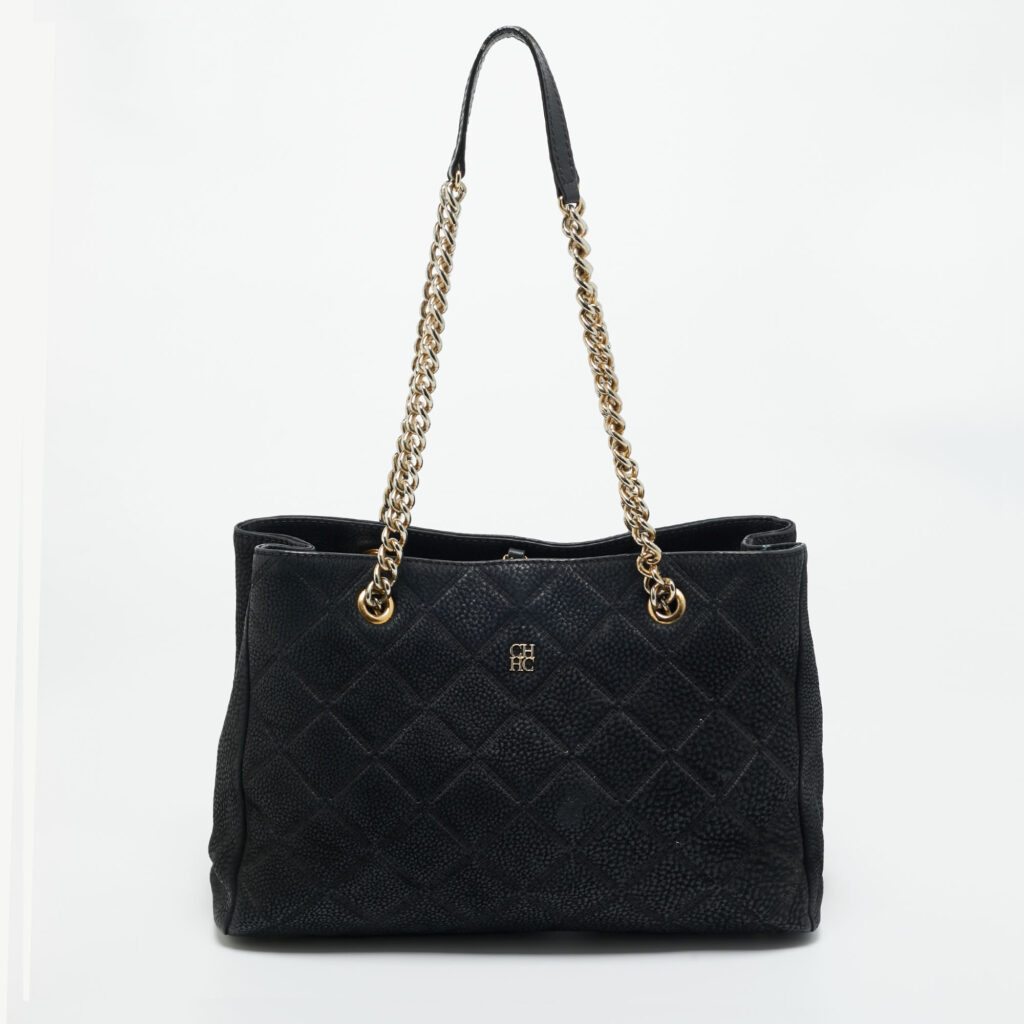 luxury-women-ch-carolina-herrera-used-handbags-p1210025-010-1.jpg CH Carolina Herrera Black Quilted Nubuck Chain Tote