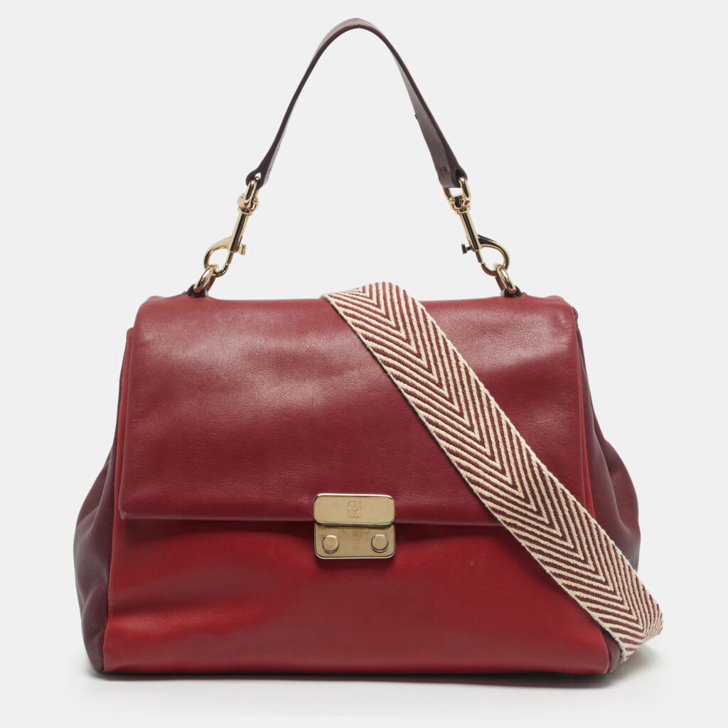 CH Carolina Herrera Three Tone Red Leather Baret Top Handle Bag CH Carolina Herrera Three Tone Red Leather Baret Top Handle Bag