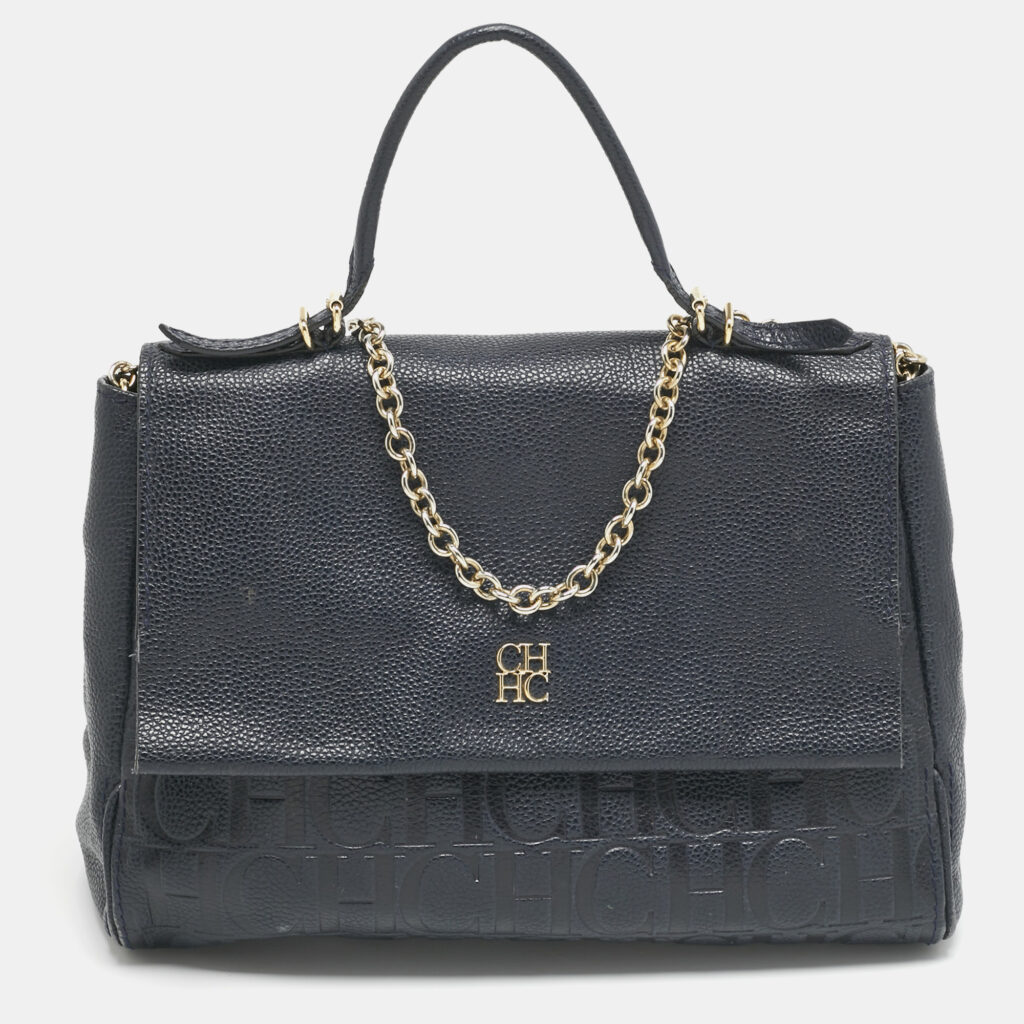 CH Carolina Herrera Navy Blue Leather Minuetto Flap Top Handle Bag