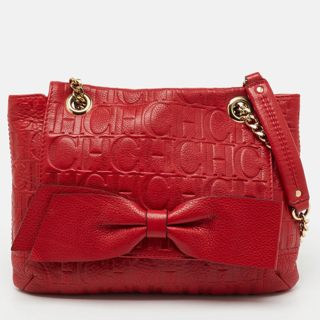 CH Carolina Herrera Red Monogram Embossed Leather Audrey Shoulder Bag CH Carolina Herrera Red Monogram Embossed Leather Audrey Shoulder Bag