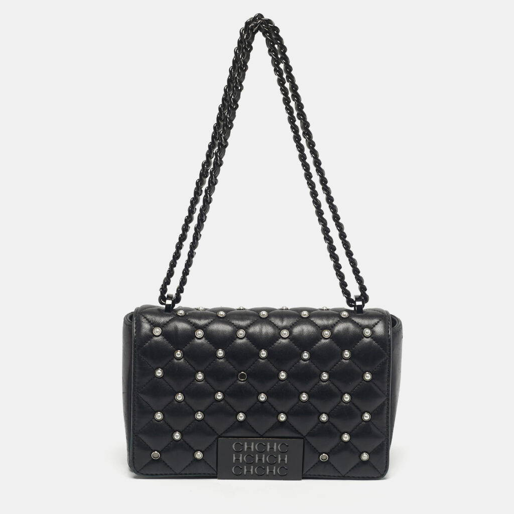 CH Carolina Herrera Black Quilted Leather Pearl Studded Flap Chain Shoulder Bag CH Carolina Herrera Black Quilted Leather Pearl Studded Flap Chain Shoulder Bag