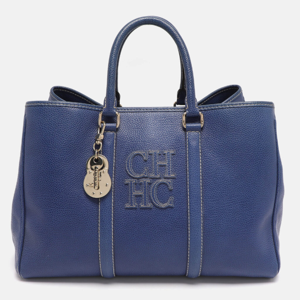CH Carolina Herrera Blue Grained Leather Matteo Tote