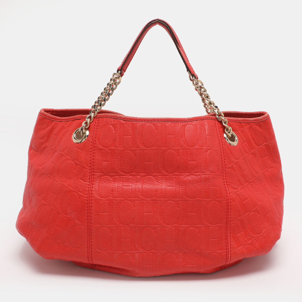 CH Carolina Herrera Red Monogram Embossed Leather Chain Handle Tote