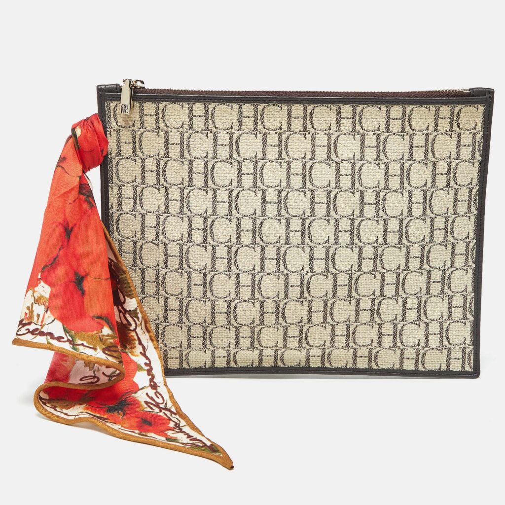 CH Carolina Herrera Beige/Brown Monogram Canvas Continental Pouch CH Carolina Herrera Beige/Brown Monogram Canvas Continental Pouch