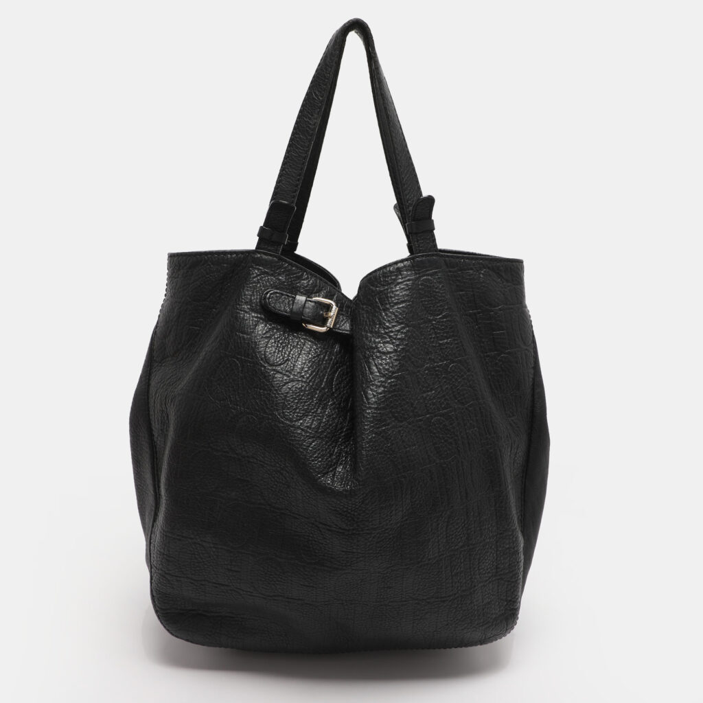 CH Carolina Herrera Black Monogram Embossed Leather Belt Tote