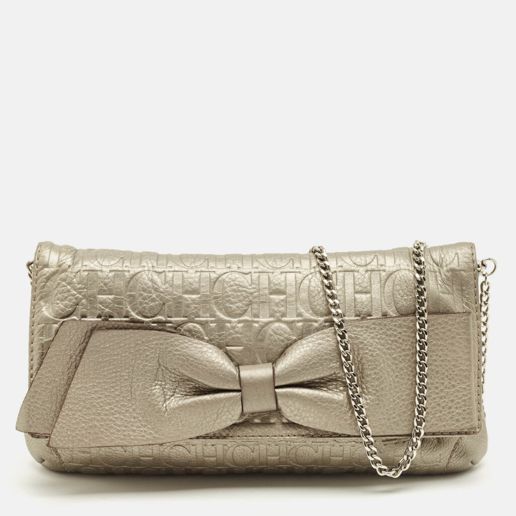 CH Caroline Herrera Metallic Grey Monogram Embossed Leather Bow Chain Clutch CH Caroline Herrera Metallic Grey Monogram Embossed Leather Bow Chain Clutch