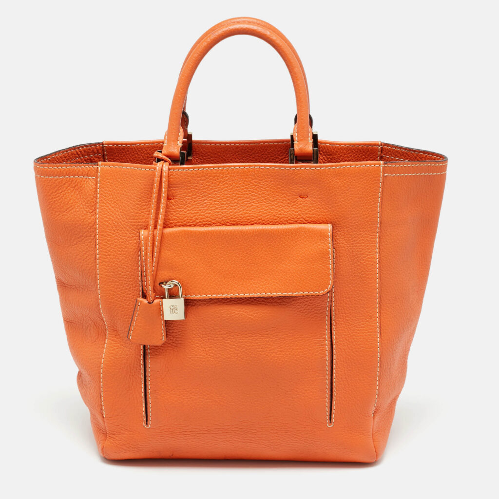 CH Carolina Herrera Orange Leather Front Pocket Tote CH Carolina Herrera Orange Leather Front Pocket Tote