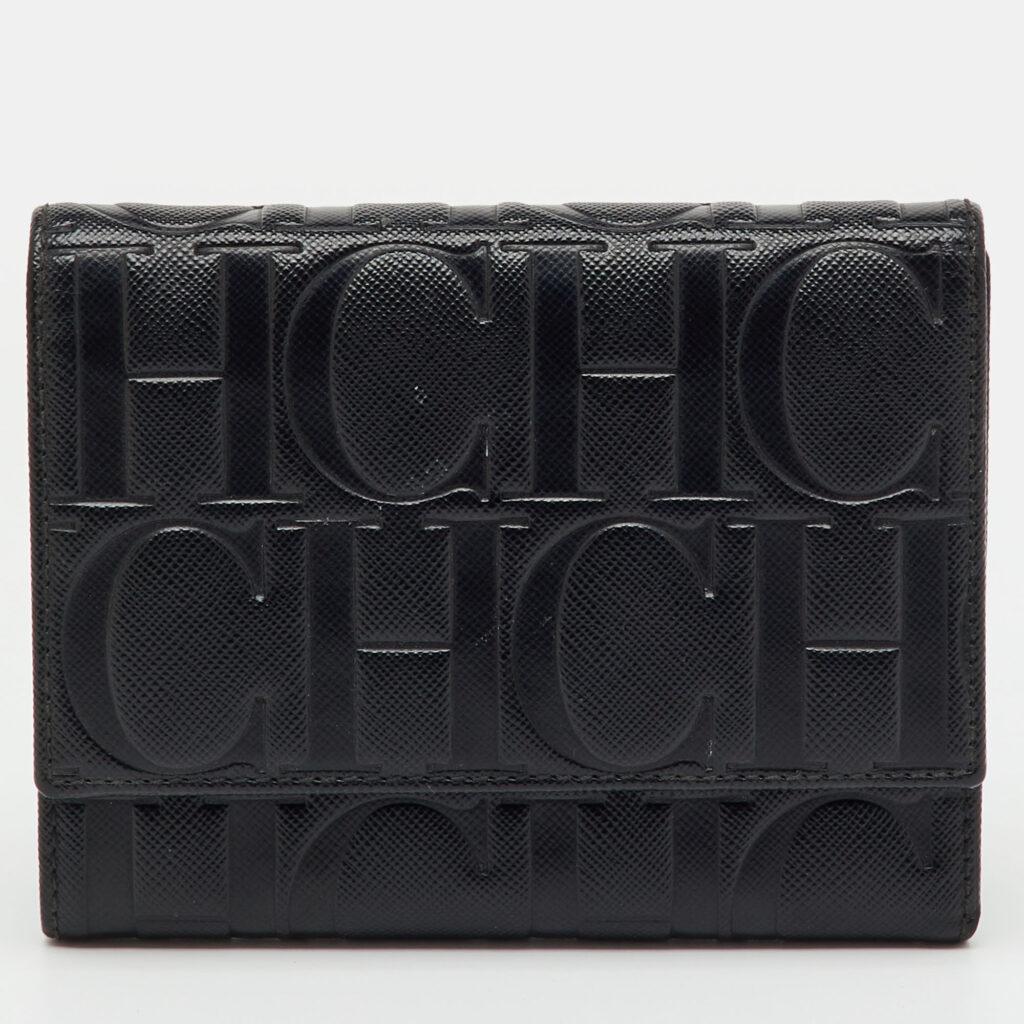 luxury-women-ch-carolina-herrera-used-handbags-p1244474-011-1.jpg CH Carolina Herrera Black Leather Logo Embossed Trifold Wallet