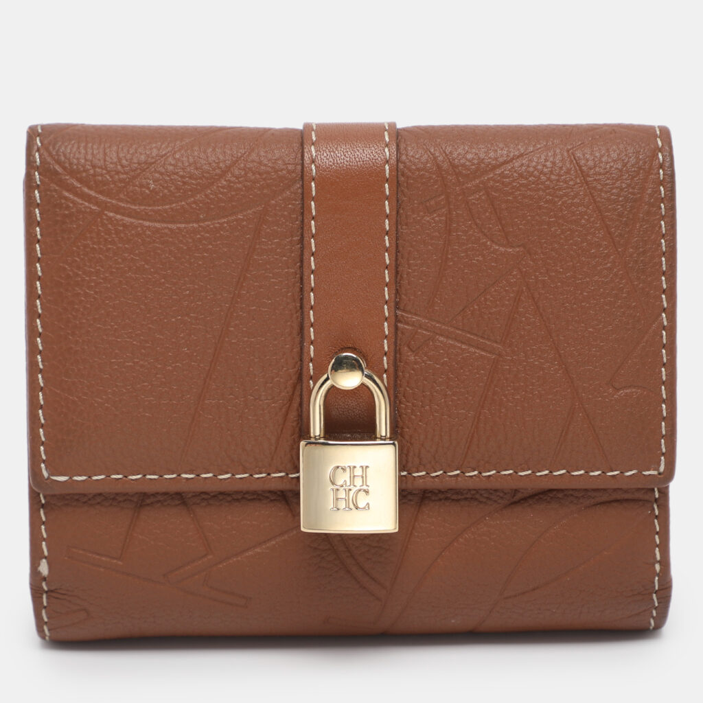 CH Carolina Herrera Brown Monogram Leather Matryoshka Lock Compact Wallet CH Carolina Herrera Brown Monogram Leather Matryoshka Lock Compact Wallet