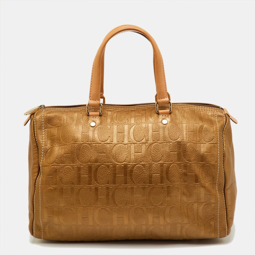 CH Carolina Herrera Metallic Gold Monogram Embossed Leather Large Andy Boston Bag