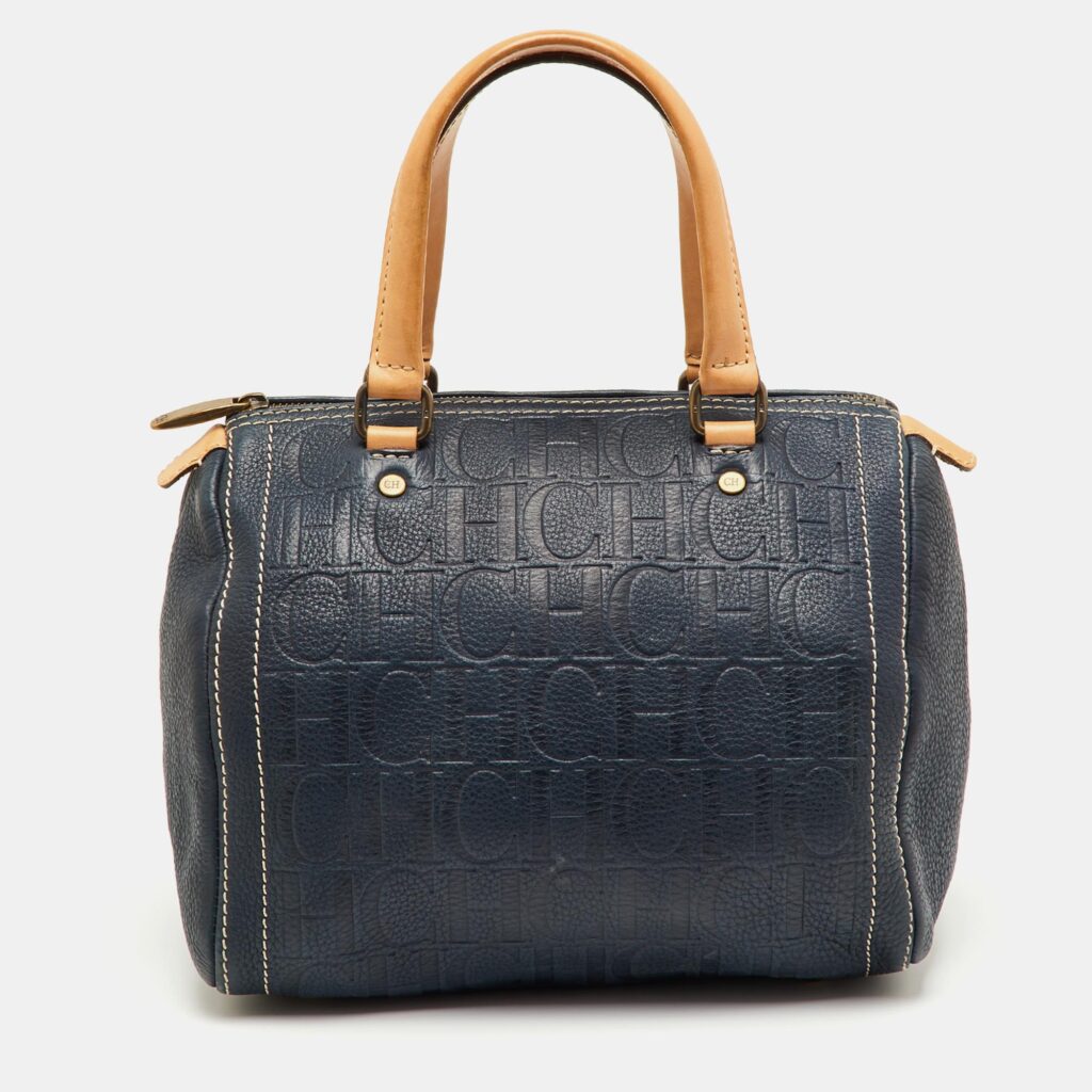 CH Carolina Herrera Navy Blue Monogram Embossed Leather Andy Boston Bag