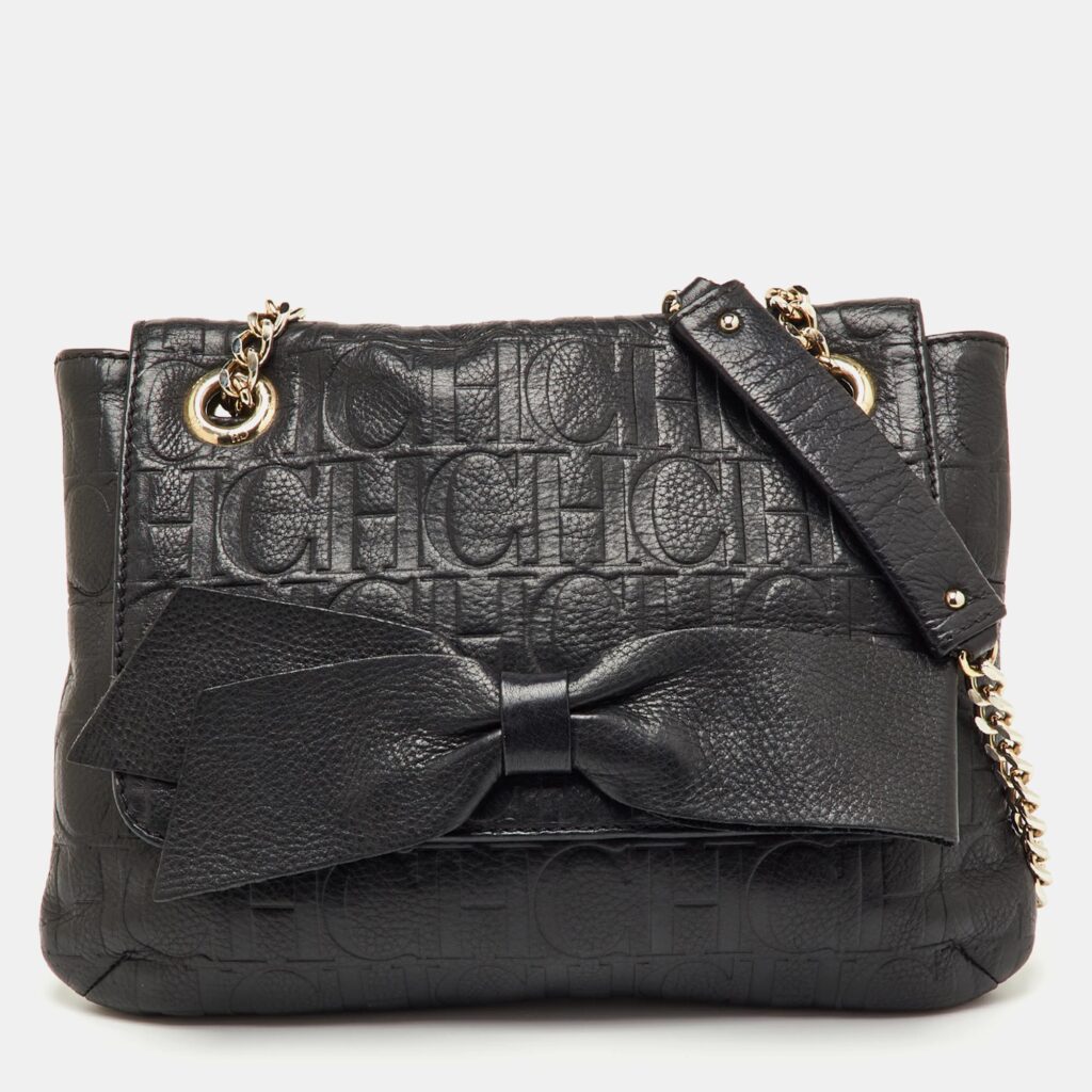 luxury-women-ch-carolina-herrera-used-handbags-p1245504-006-1.jpg CH Carolina Herrera Black Monogram Embossed Leather Audrey Bow Flap Shoulder Bag