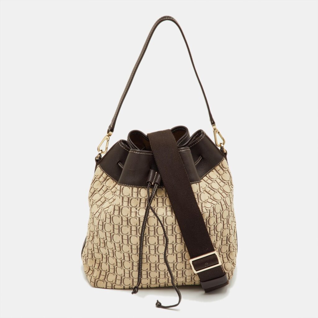 CH Carolina Herrera Brown/Beige Monogram Canvas and Leather Drawstring Bucket Bag CH Carolina Herrera Brown/Beige Monogram Canvas and Leather Drawstring Bucket Bag