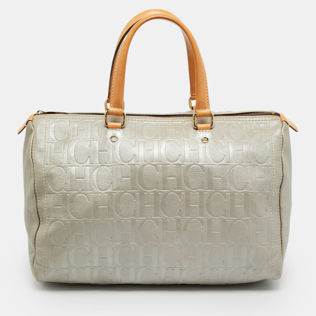luxury-women-ch-carolina-herrera-used-handbags-p1246245-001.jpg CH Carolina Herrera Andy Large Grey Monogram Embossed Leather Boston Bag