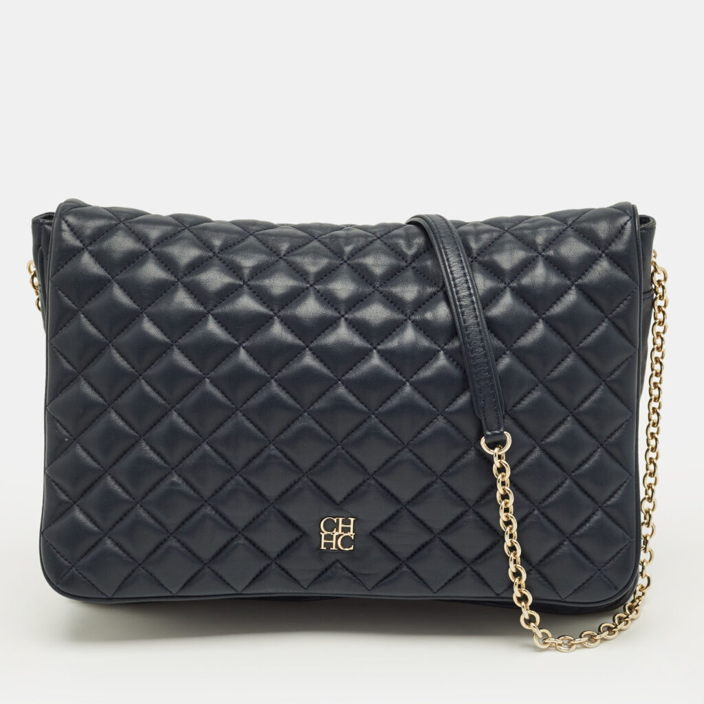 CH Carolina Herrera Flap Chain Navy Blue Quilted Leather Shoulder Bag