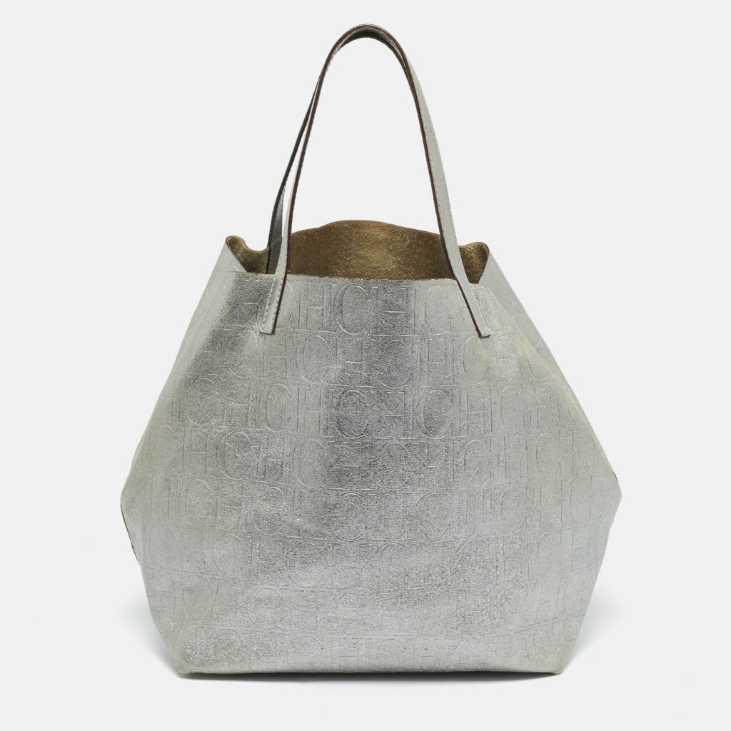 Carolina Herrera Matryoshka Metallic Grey Monogram Leather Tote Carolina Herrera Matryoshka Metallic Grey Monogram Leather Tote