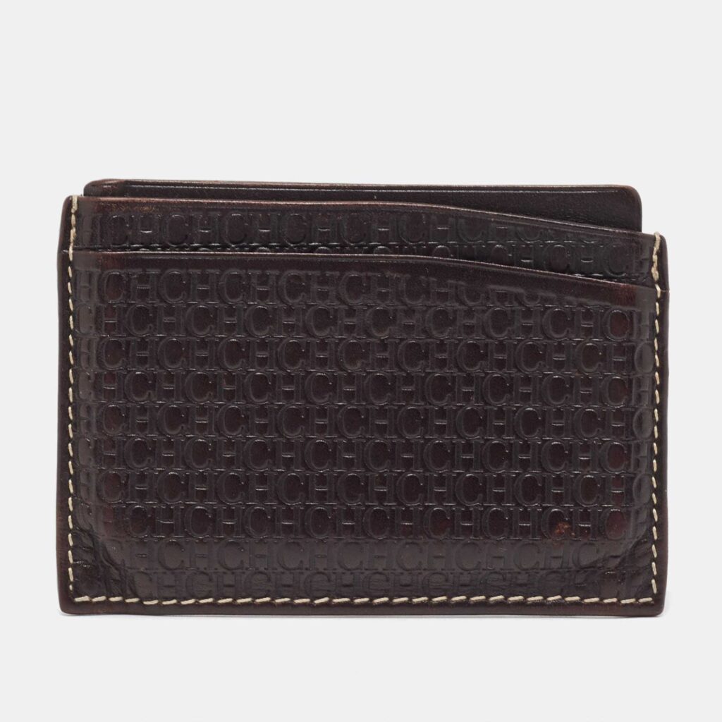 CH Carolina Herrera Dark Brown Monogram Leather Card Holder CH Carolina Herrera Dark Brown Monogram Leather Card Holder