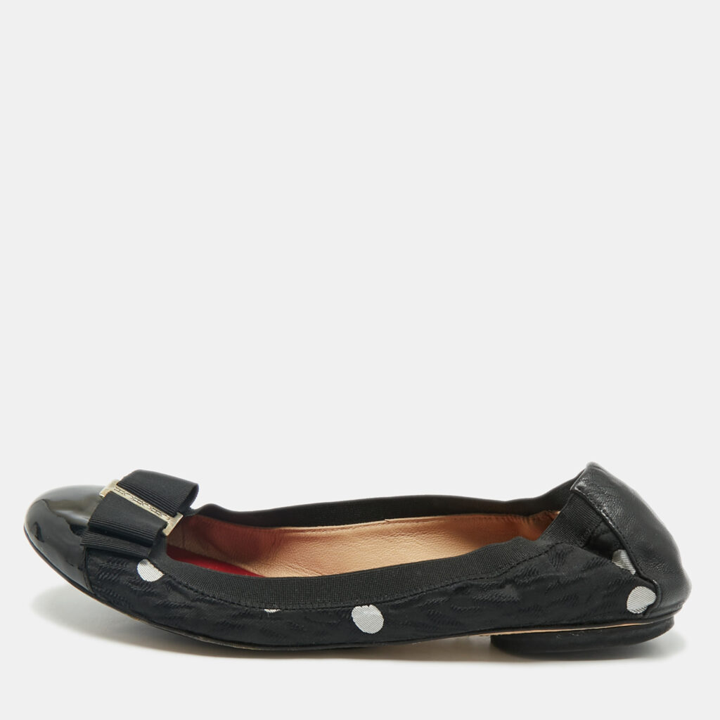 CH Carolina Herrera Black Leather And Patent Leather Bow Scrunch Ballet Flats Size 39