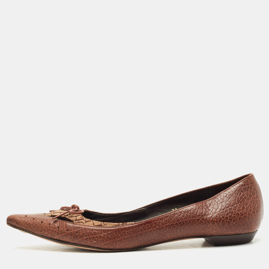 luxury-women-ch-carolina-herrera-used-shoes-p1177586-001.jpg CH Carolina Herrera Brown Canvas and Leather Pointed Toe Ballet Flats Size 38