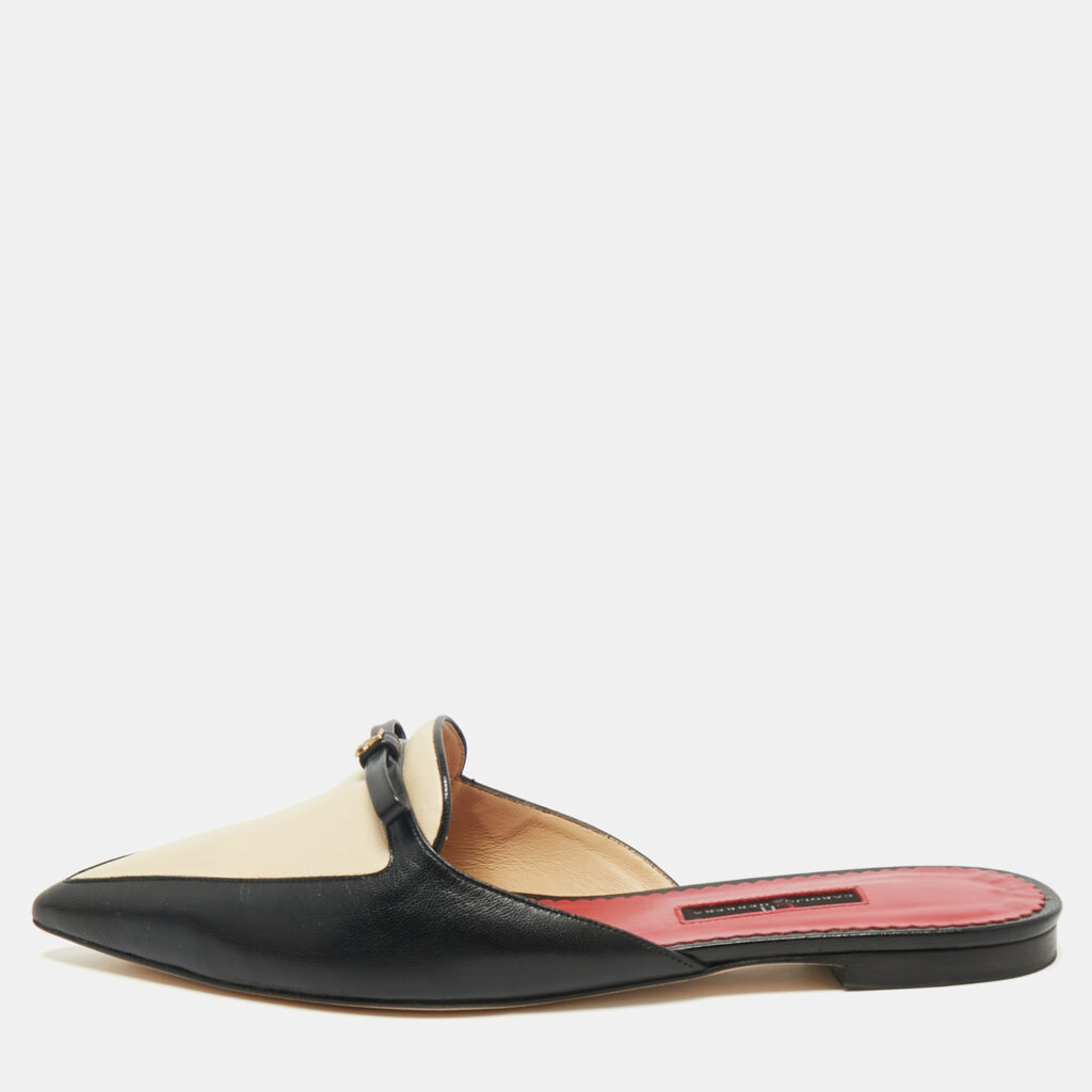 CH Carolina Herrera Black/Cream Leather Bow Detail Flat Mules Size 38 CH Carolina Herrera Black/Cream Leather Bow Detail Flat Mules Size 38