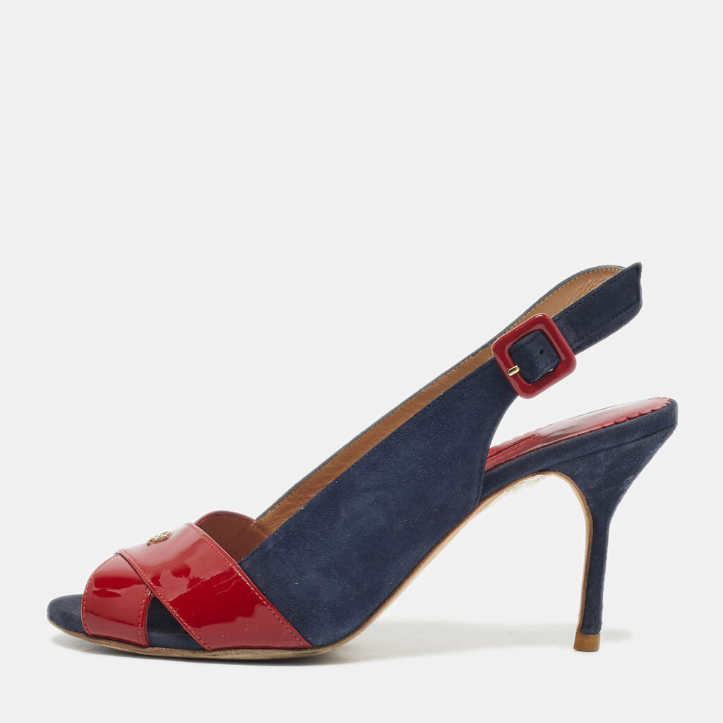 CH Carolina Herrera Navy Blue/Red Suede and Patent Leather Slingback Sandals Size 40 CH Carolina Herrera Navy Blue/Red Suede and Patent Leather Slingback Sandals Size 40