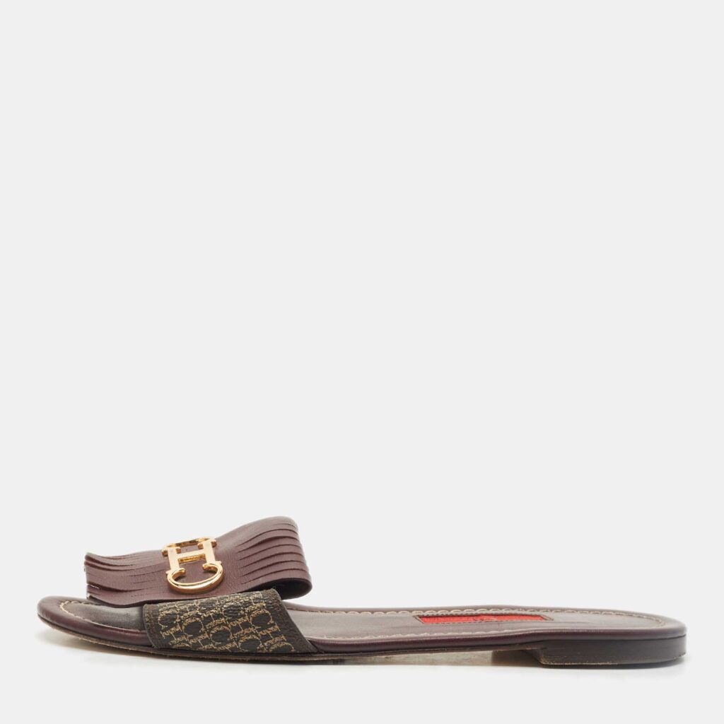 CH Carolina Herrera Brown Signature Canvas and Leather Lock Flat Slides Size 37 CH Carolina Herrera Brown Signature Canvas and Leather Lock Flat Slides Size 37