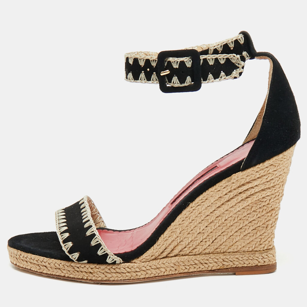CH Carolina Herrera Black/Beige Suede Wedge Ankle Wrap Espadrilles Size 37 CH Carolina Herrera Black/Beige Suede Wedge Ankle Wrap Espadrilles Size 37