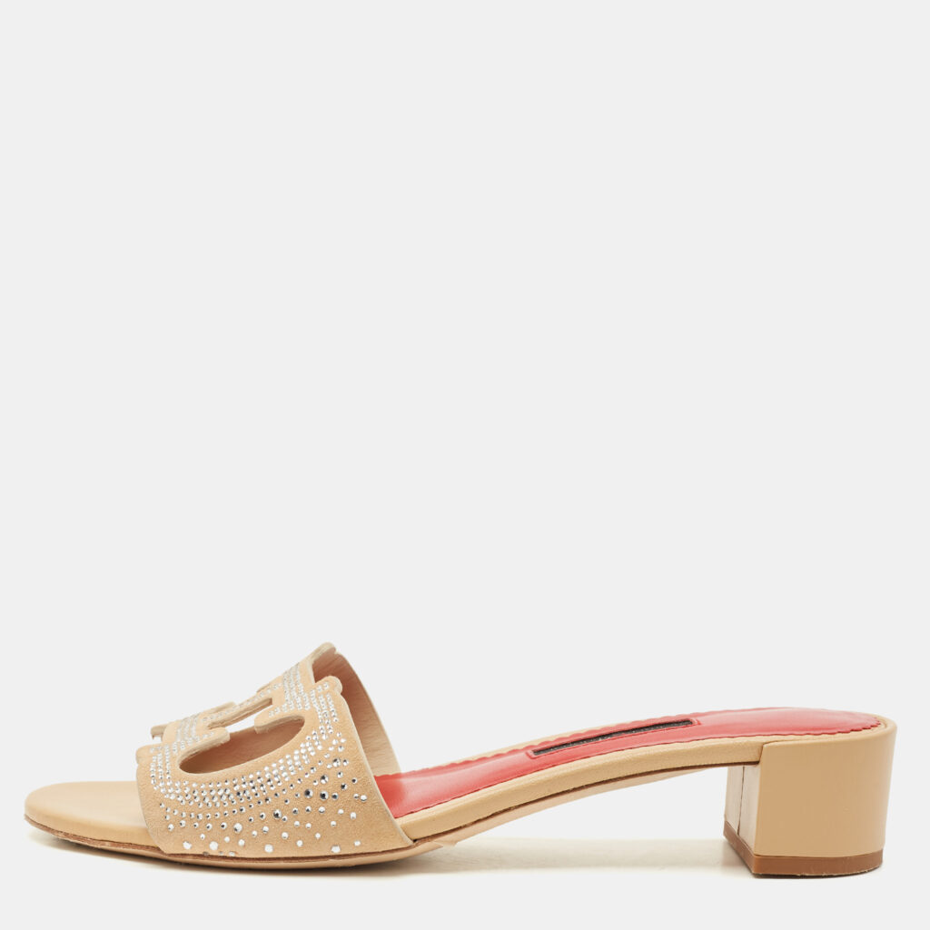 CH Carolina Herrera Beige Suede Crystal Embellished Slide Sandals Size 39 CH Carolina Herrera Beige Suede Crystal Embellished Slide Sandals Size 39