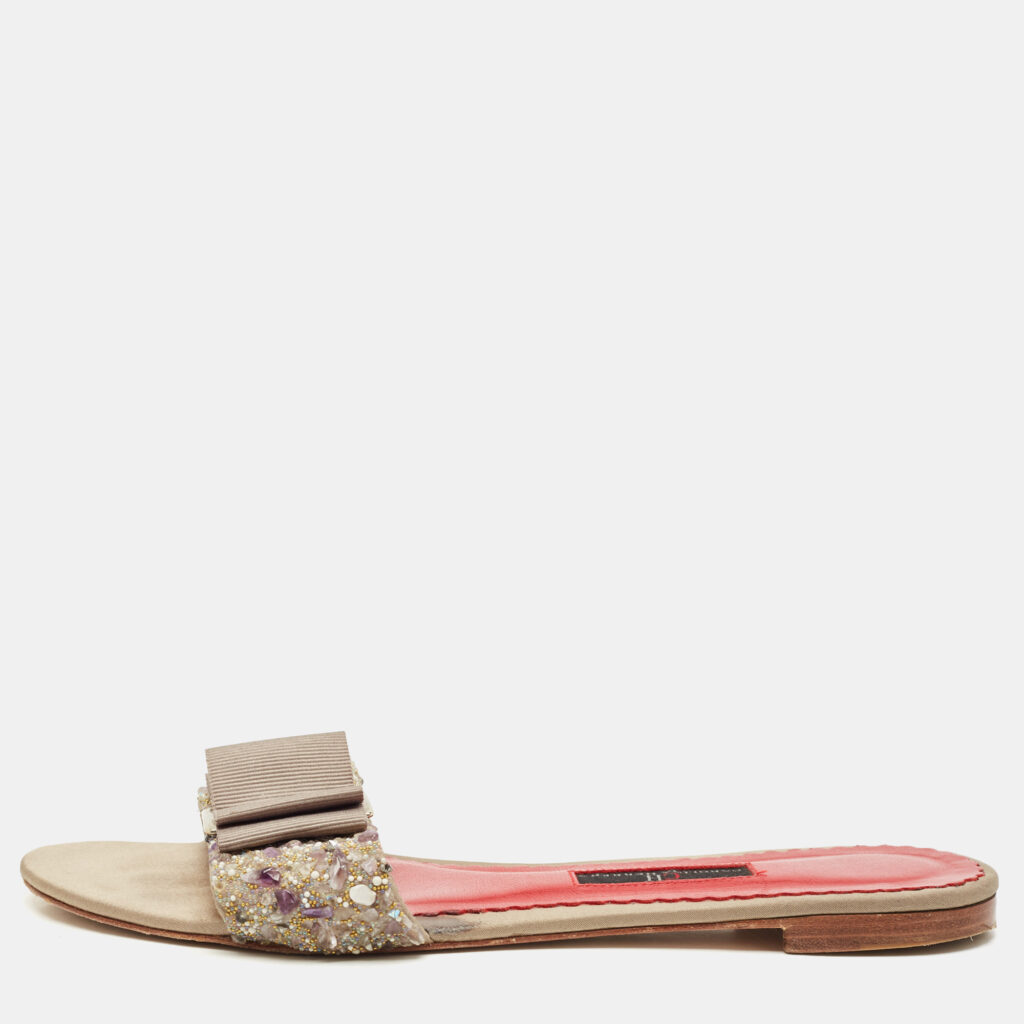 CH Carolina Herrera Grey Satin Crystal Embellished Flat Slides Size 39