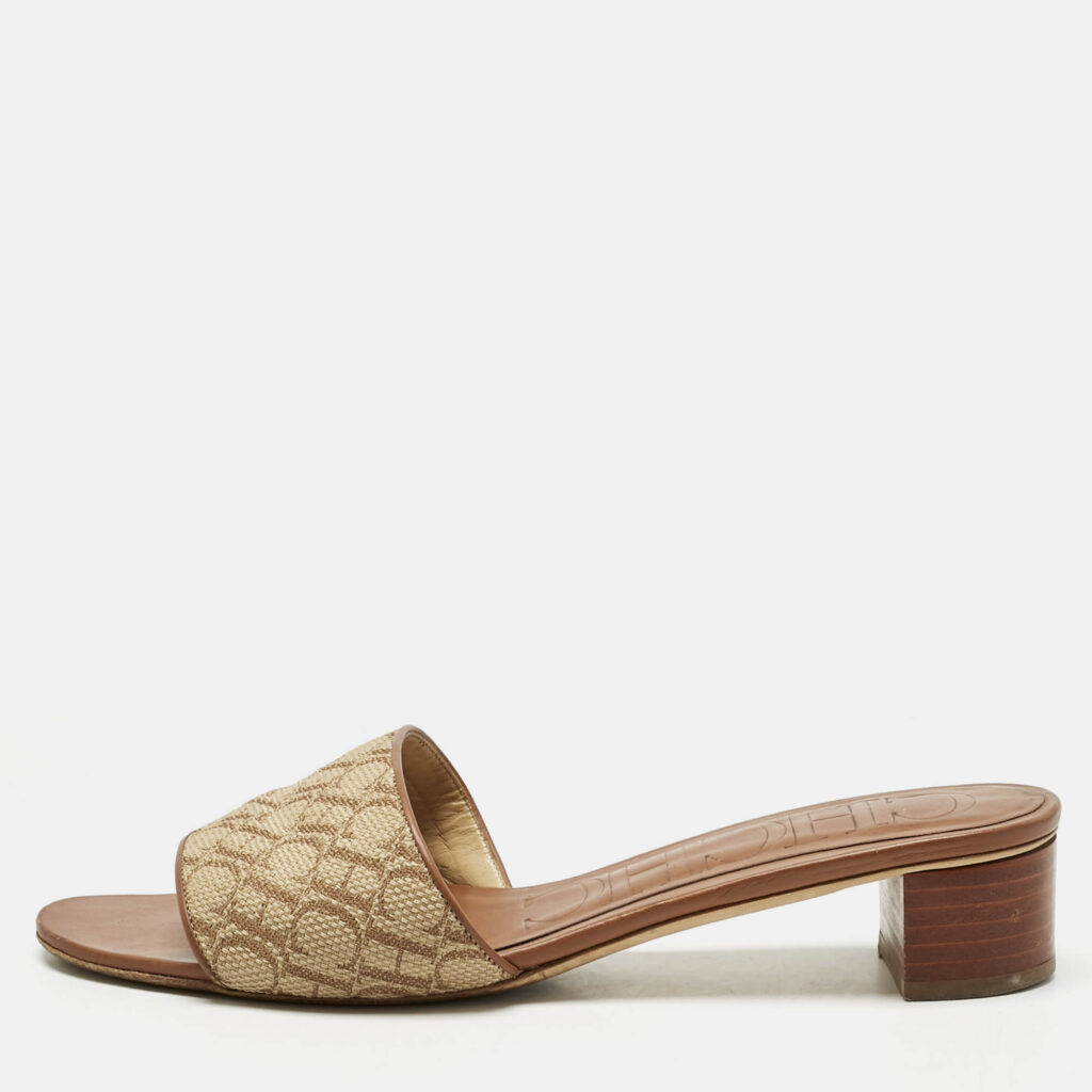 CH Carolina Herrera Brown Monogram Canvas Matryoshka Slide Sandals Size 39
