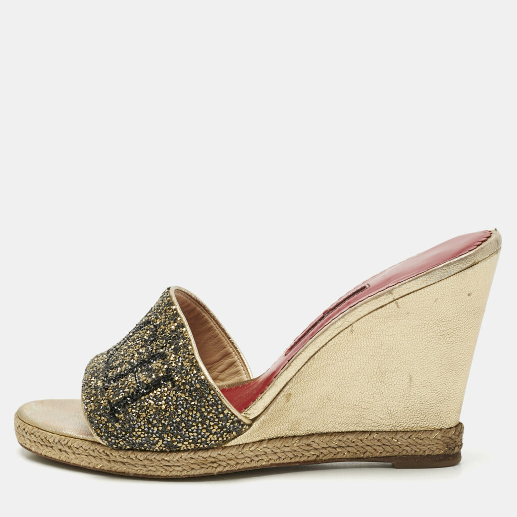 CH Carolina Herrera Metallic Glitter and Leather Wedge Espadrille Sandals Size 37 CH Carolina Herrera Metallic Glitter and Leather Wedge Espadrille Sandals Size 37