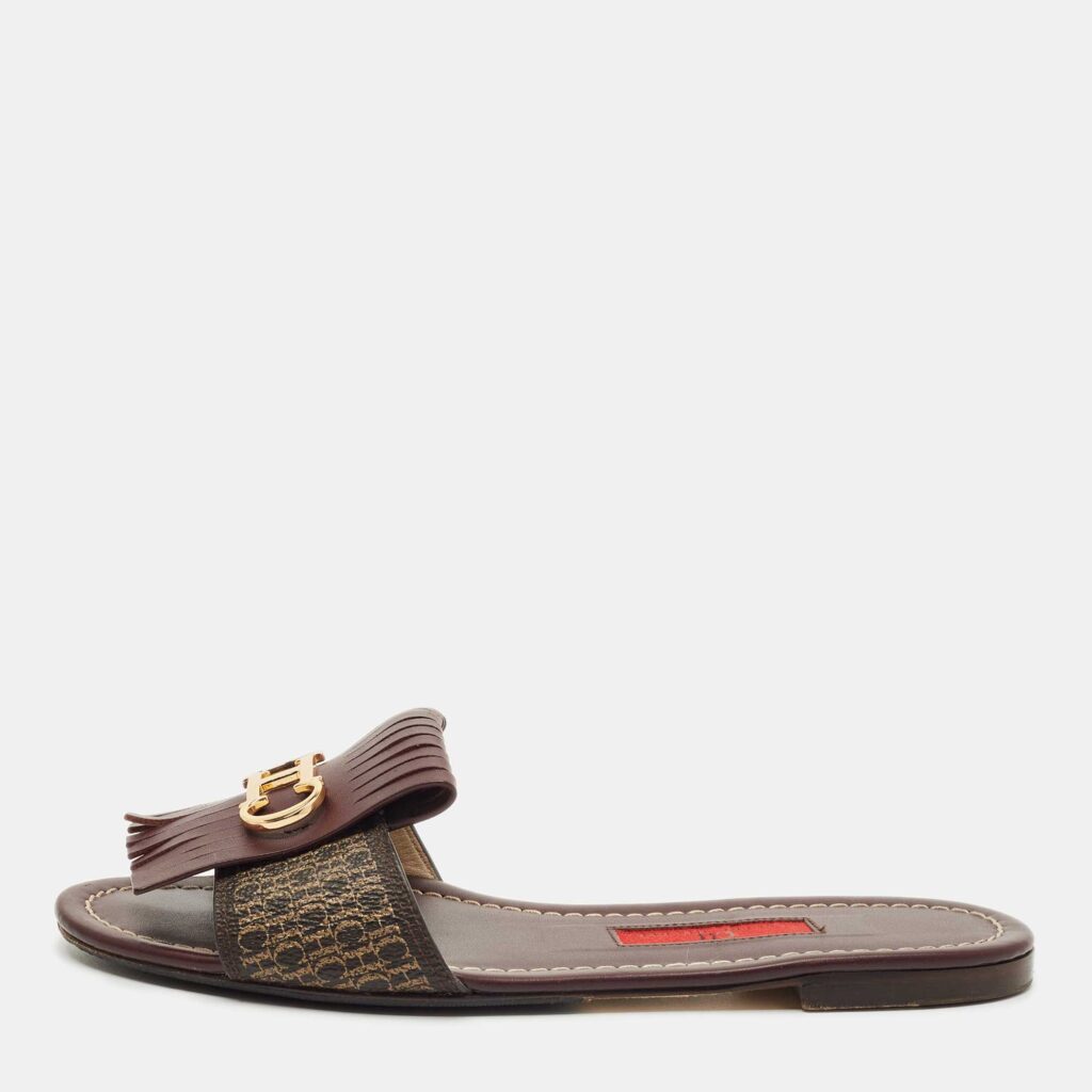 CH Carolina Herrera Burgundy Canvas and Leather Flat Slides Size 36