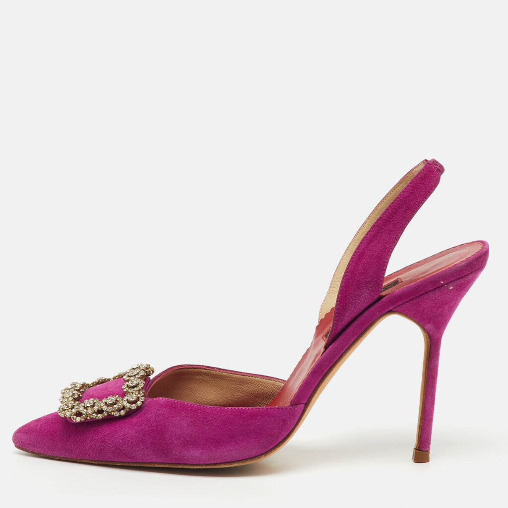 CH Carolina Herrera Purple Suede Crystal Embellished Buckle Slingback Pumps Size 39