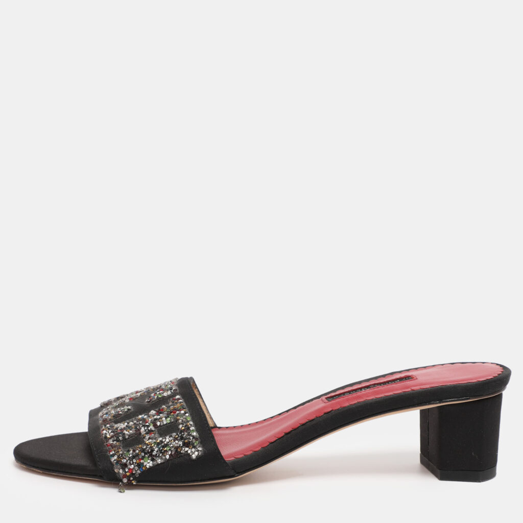 CH Carolina Herrera Black Satin And Glitter Slide Sandals Size 37