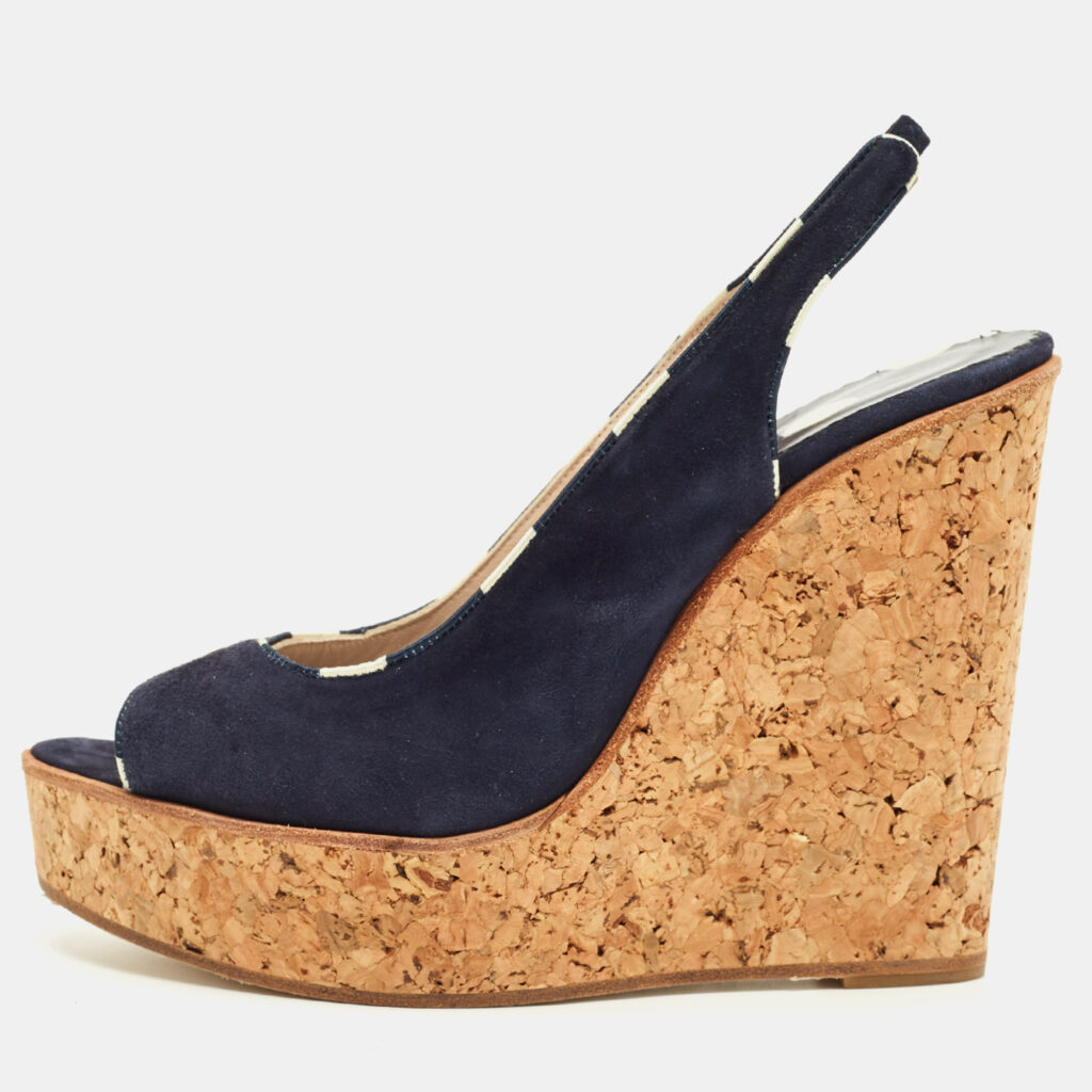 CH Carolina Herrera Navy Blue Suede Cork Wedge Sandals Size 39
