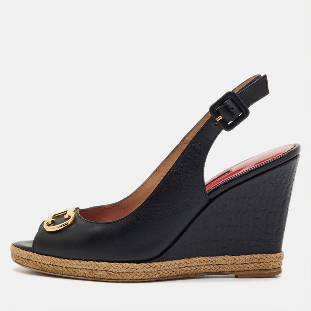 CH Carolina Herrera Black Leather Initials Insignia Slingback Wedge Sandals Size 38 CH Carolina Herrera Black Leather Initials Insignia Slingback Wedge Sandals Size 38