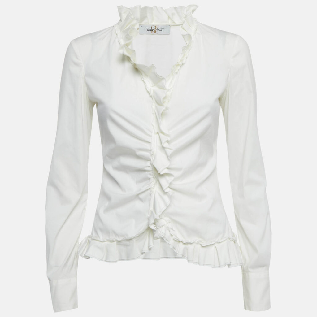 CH CH White Shirt Off-White Cotton Ruffled Top S CH CH White Shirt Off-White Cotton Ruffled Top S